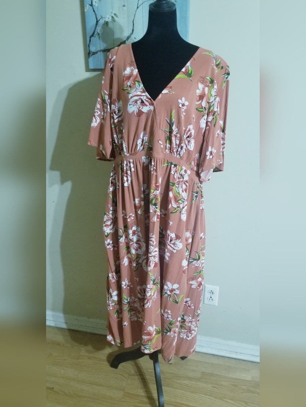 Clay Color Floral Faux-wrap V-Neck Maxi Dress
